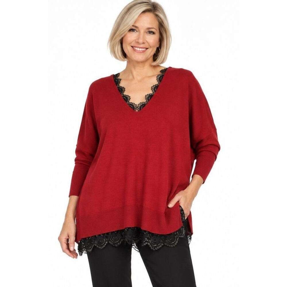 Chico's S M Red Allure Lace Trimmed V Neck Oversized Sweater Poncho New NWT